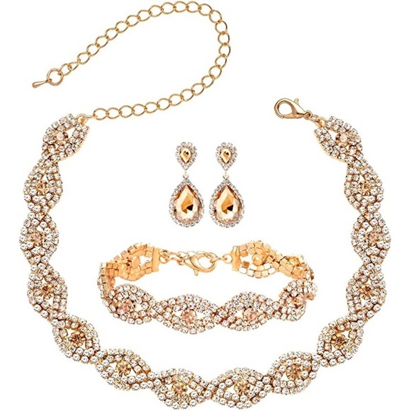 Golden Crystal Necklace Set CZ Cubic Rhinestone Necklace Bracelet Earrings Set - Picture 1 of 4